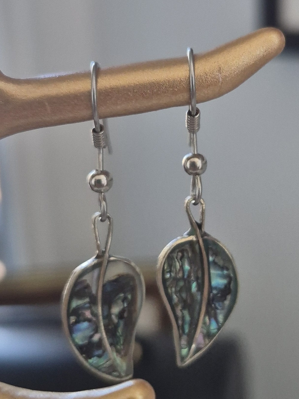 Silver Leaf Abalone Drop Earrings - Iridescent Blue-Green